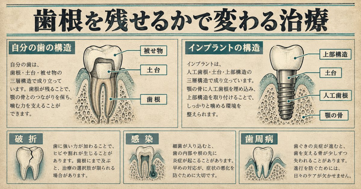 歯根を残せるかで変わる、差し歯とインプラントの選択